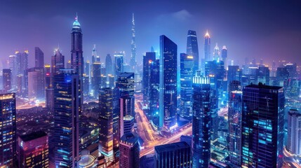 Obraz premium Nighttime Aerial View of Dubai's Illuminated Skyline