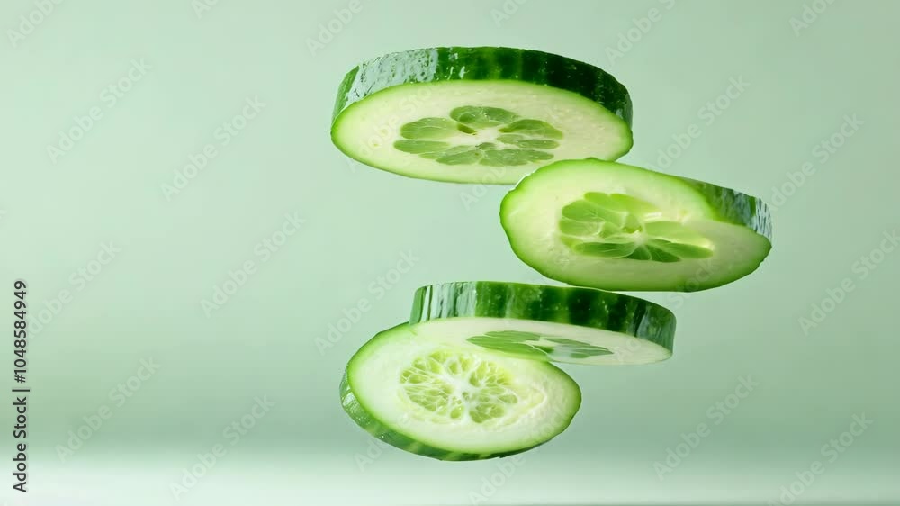 Poster slices of cucumber floating against a soft green background, highlighting freshness and health.