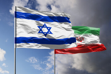 Flags of Israel and Iran above dark sky.