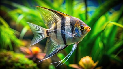Tropical fish Pterophyllum altum reflected in tank