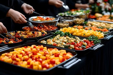 A buffet featuring a variety of colorful dishes, including fruits and salads.