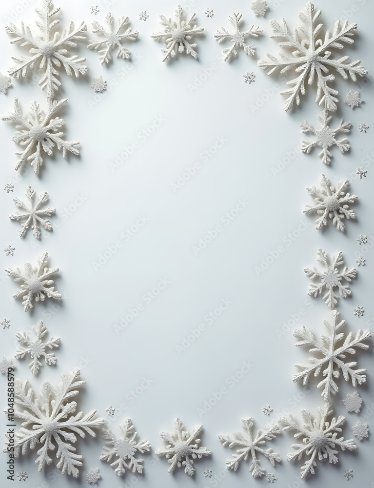 Poster silver snowflake frame on pastel gray with christmas and winter themes in a flat lay top view style 