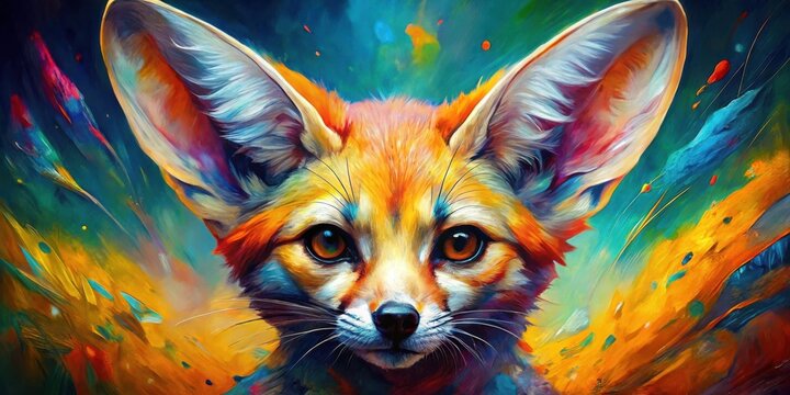 A close-up portrait of a fox with large ears, rendered in a colorful and abstract style, featuring vibrant hues of orange, blue, and yellow that create a sense of movement and energy.