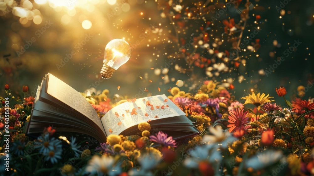 Wall mural open book in a field of flowers with a lightbulb floating above