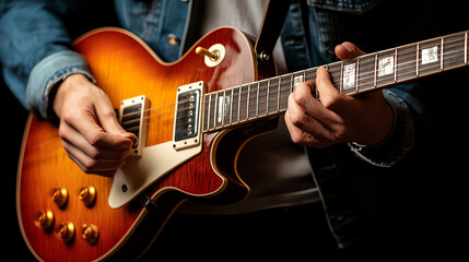 Obraz premium Guitar player in midperformance, black studio background, dramatic lighting