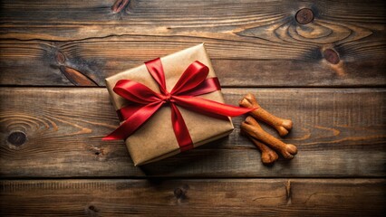 Fototapeta premium A brown gift box tied with a red ribbon and dog bones on a rustic wooden background.