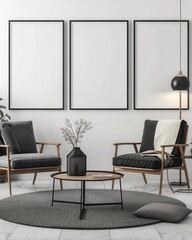 Fototapeta premium 「モダンなミニマルリビングルームのインテリア。アームチェア2脚、コーヒーテーブル、壁に飾られた3つの空の額縁。アートやデザインの展示に最適」