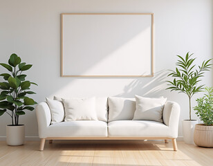 Fototapeta premium Minimalist Living Room with Blank Frame and Cozy Sofa in Sunlit Space