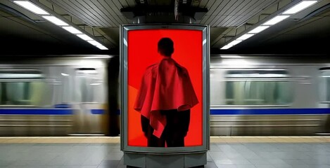 Featuring a person in unique clothing, this subway station poster contrasts with the blurred train in the background. Poster color changes