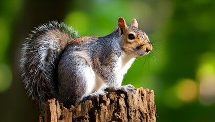 Obraz premium Curious Eastern Gray Squirrel Perched on a Tree Stump