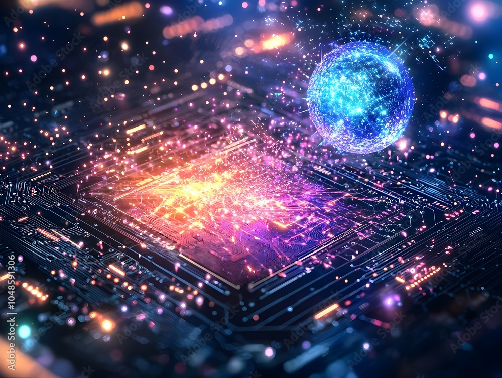 Poster quantum computer chip generating holographic universe symbolizing vast potential of quantum simulati