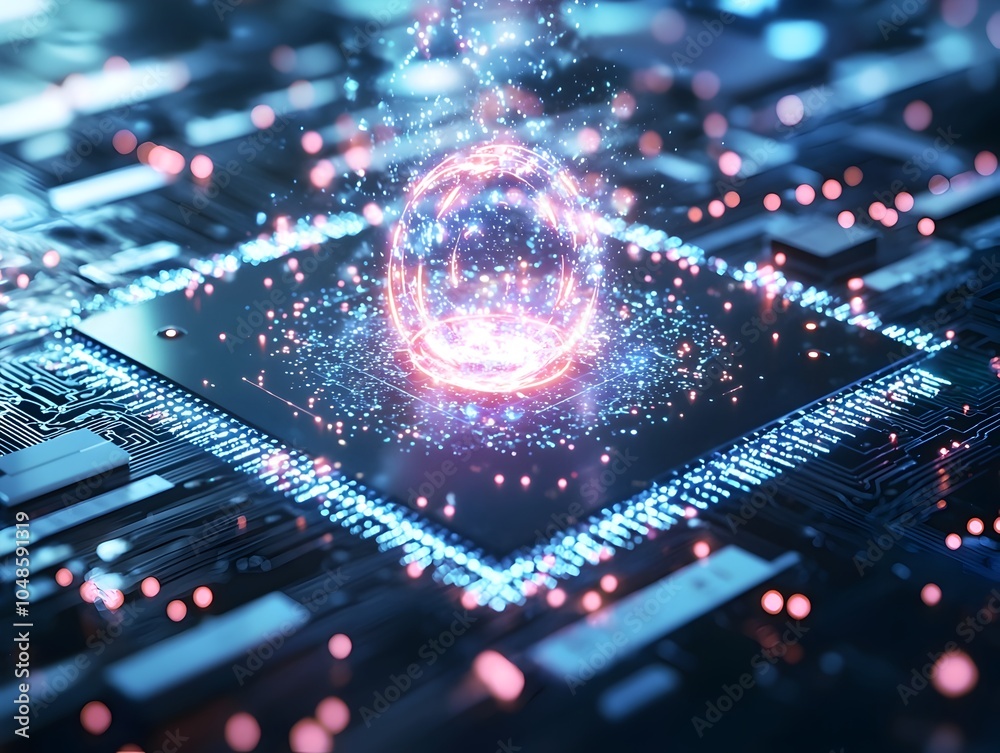 Poster quantum computer chip generating holographic universe symbolizing vast potential of quantum simulati