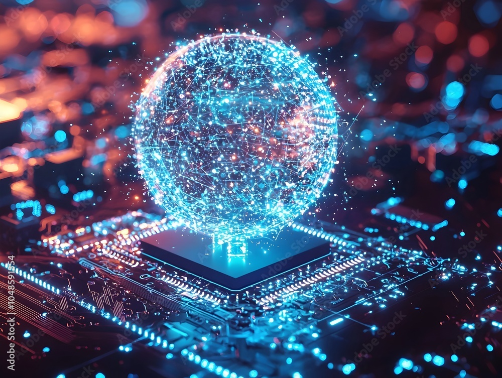 Poster quantum computer chip generating holographic universe symbolizing vast potential of quantum simulati
