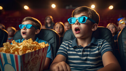 Obraz premium Surprised kids watching movie with 3d glasses in cinema theater