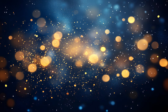 fond lumineux abstrait avec des bokeh dor&eacute;s et bleus dans l'obscurit&eacute;, repr&eacute;sentant la magie et l'illumination effets lumineux. - No&euml;l, f&ecirc;tes de fin d'ann&eacute;e d&eacute;cembre janvier