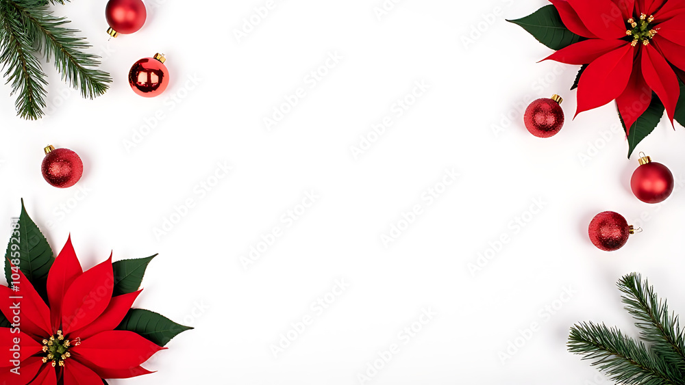 Poster red poinsettias and christmas decorations on a white background with space for text in a top view, f
