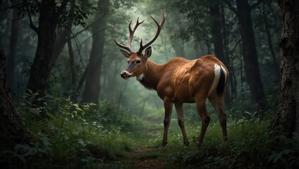 deer in the woods , A reddish-brown deer with antlers stands in a misty forest.