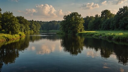 Obraz premium reflection of trees in water , A calm river with reflections of clouds and trees. Green trees line the banks.
