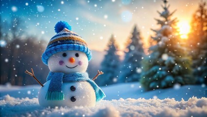 Cute Snowman in Blue Hat and Scarf: Winter Wonderland Fashion Photography