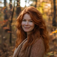 Naklejka premium Portrait of a red-haired happy woman in the forest on a beautiful autumn day