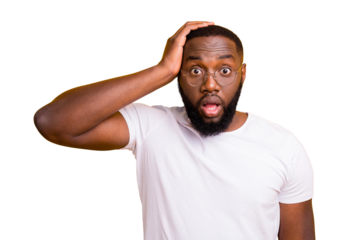 Close up photo of man afraid and scared hearing his mother returning from parents evening while isolated with yellow background