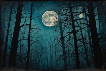 Fototapeta premium a misty forest at night with a full moon, on old grunge vintage paper