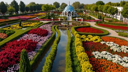 garden with flowers , A colorful garden with flowerbeds, paths, and water channels. A light-blue domed building is visible.