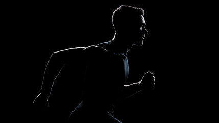 Silhouette of a running athlete, black studio background, powerful and energetic