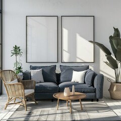 「モダンでミニマルなリビングルーム。青いソファ。木製家具。2つの白いモックアップの額縁。アートやデザインの展示に最適」