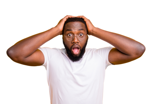 Photo of frightened african man having noticed her brother arguing with most evil old woman of their district while isolated with yellow background