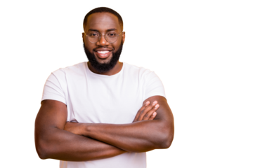 Photo of intelligent clever american guy standing with his hands crossed while isolated with yellow background