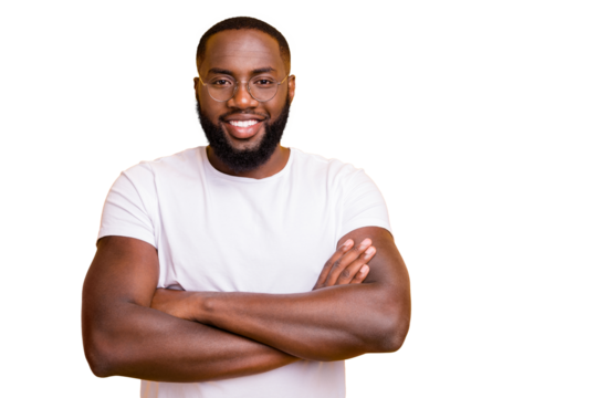Photo of intelligent clever american guy standing with his hands crossed while isolated with yellow background