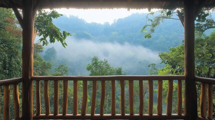 Fototapeta premium Misty Forest View from a Wooden Balcony