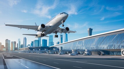 Jetliner Departure with City Skyscrapers in Background