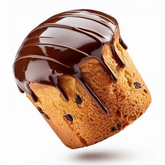 levitating panettone with hard chocolate coating, isolated on white background