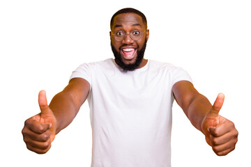 Photo of encouraged excited ecstatic afro guy seeing his favorite feline food discounted while isolated with vivid background