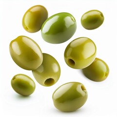 levitating green olives isolated on a white background