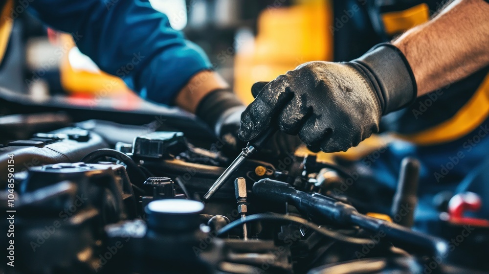 Poster close-up of a mechanic's hand working on a car engine