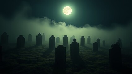 A haunting and enigmatic scene of numerous tombstones silhouetted against a backdrop of swirling mist under the soft glow of a full moon.