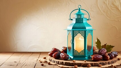 Luminous Teal Lantern with Dates Fruit and Copy Space for Festive Decoration and Celebration Themes