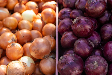 Fresh yellow and red onions displayed at an outdoor market during the afternoon sunlight