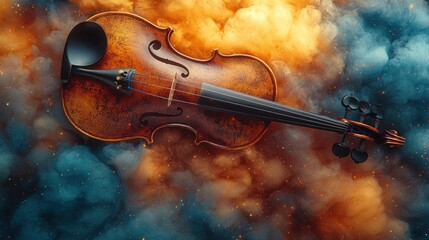 Fototapeta premium A vintage violin lies on a bed of blue and orange smoke, with a celestial feel.