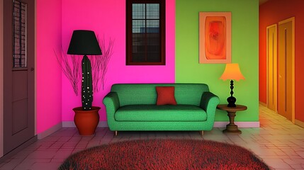 3D render of an interior design, a pink room with green and yellow neon lights, 