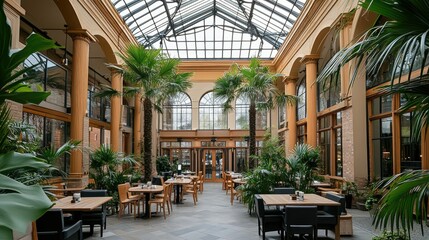 Fototapeta premium Elegant indoor dining area with palm trees and glass roof