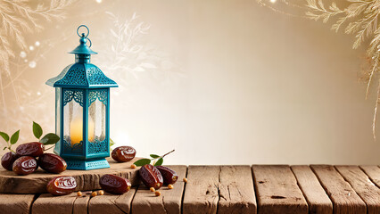 Luminous Teal Lantern with Dates Fruit and Copy Space for Festive Decoration and Celebration Themes