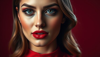 Stunning Portrait of a Woman with Bold Red Lips and Glamorous Makeup Against a Dark Background