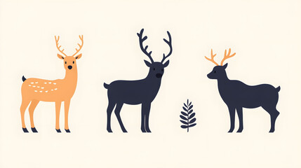 Fototapeta premium A playful illustration of deer silhouettes featuring various species like reindeer and elk, perfect for a nature-themed design or holiday art