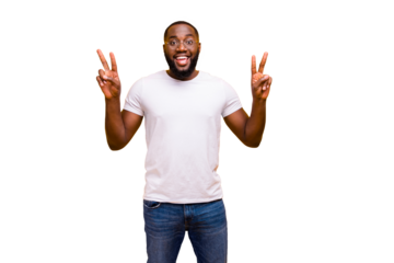 Photo of cheerful nice kind friendly african man showing v-sign looking for friends in new town he has never been to before while isolated with vivid background