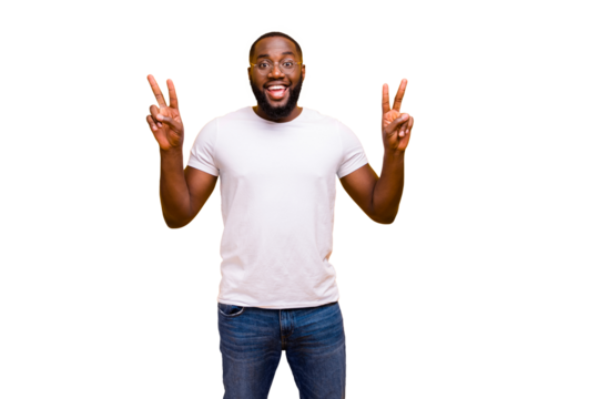 Photo of cheerful nice kind friendly african man showing v-sign looking for friends in new town he has never been to before while isolated with vivid background