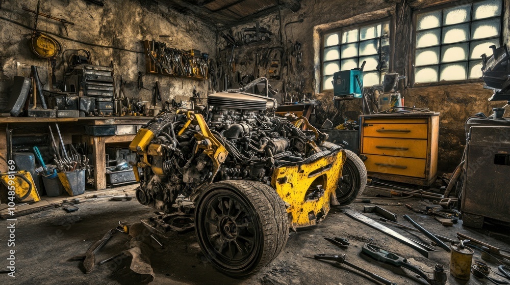 Poster A Disassembled Engine in a Dusty Workshop